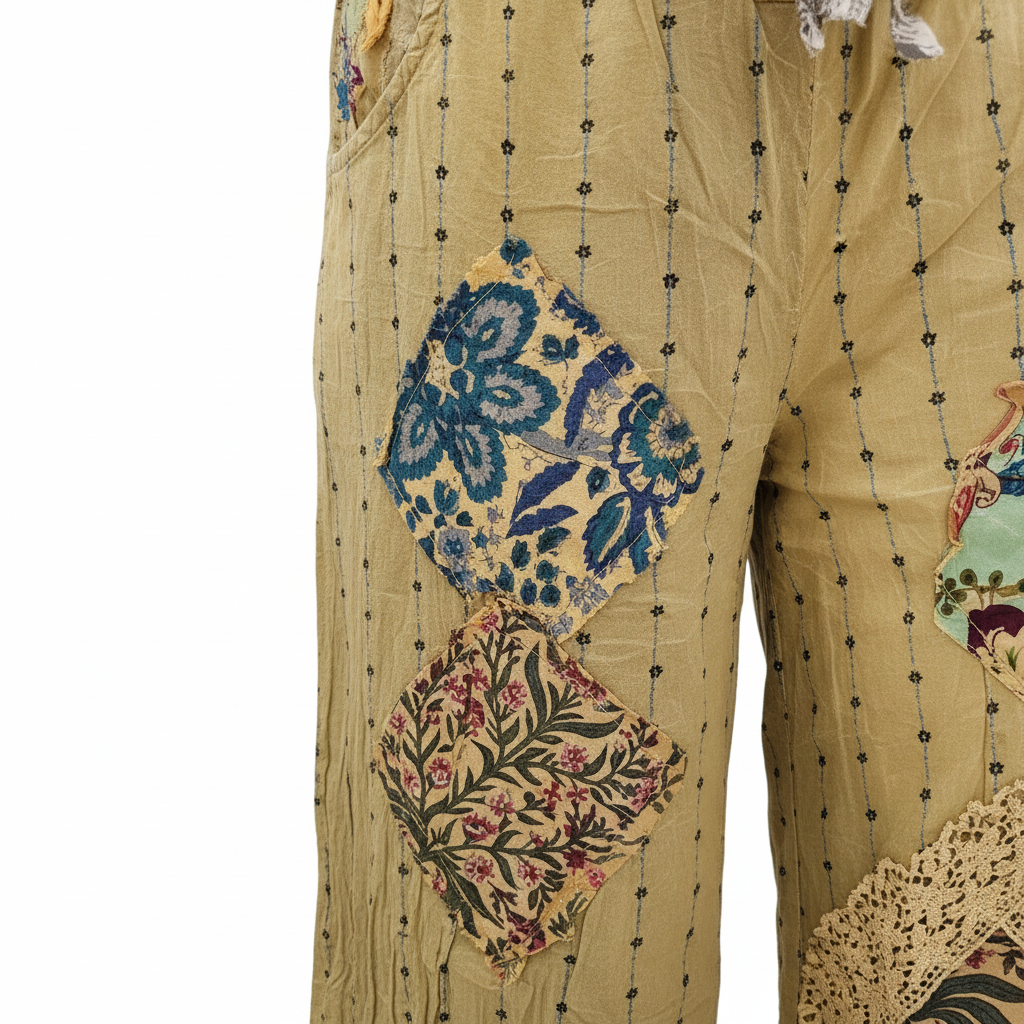 Women's mustard pant close-up, blue paisley, rust botanical, and cream lace doily patchwork inserts, raw frayed edges, artisan cotton