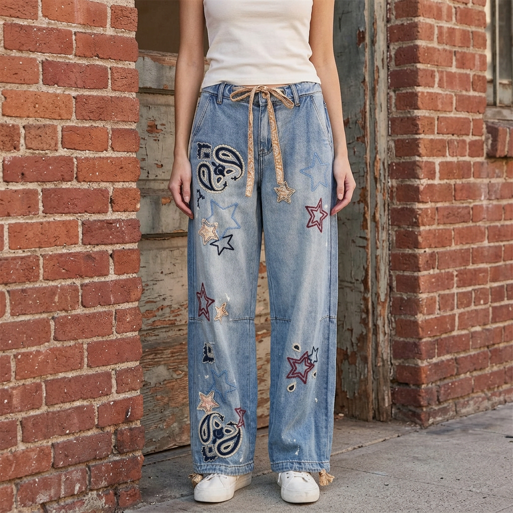 Washed blue star and paisley embroidered wide-leg jeans with a tan drawstring, front view at a brick doorway