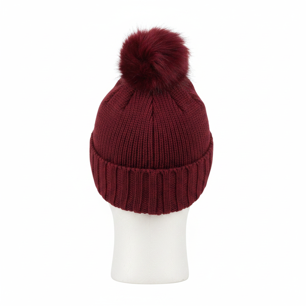 Women's burgundy pom-pom beanie back view, chunky knit fabric, cozy relaxed fit