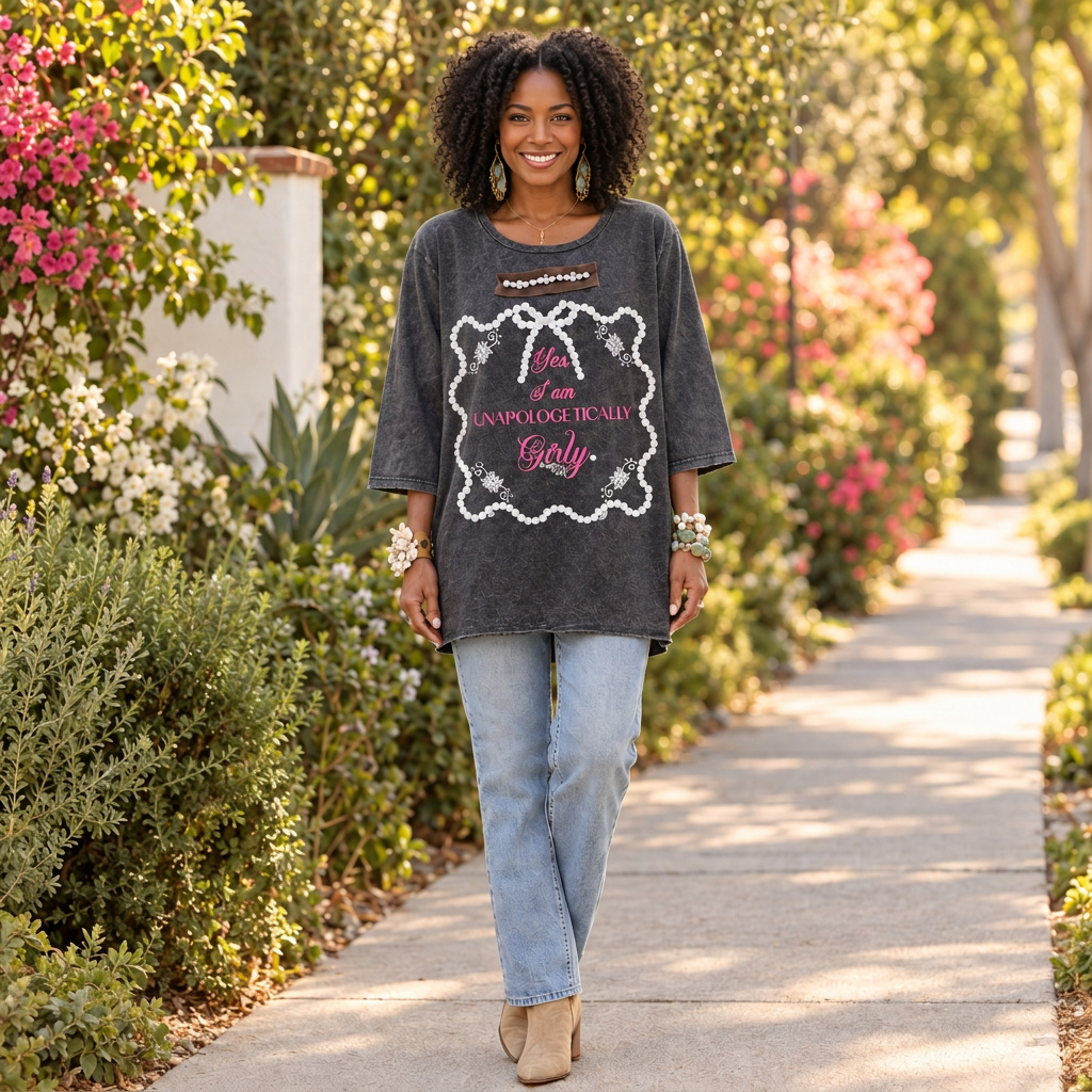 A Rare Bird Shop charcoal Girly graphic tee with sleeves past the elbow, styled with jeans on a garden sidewalk