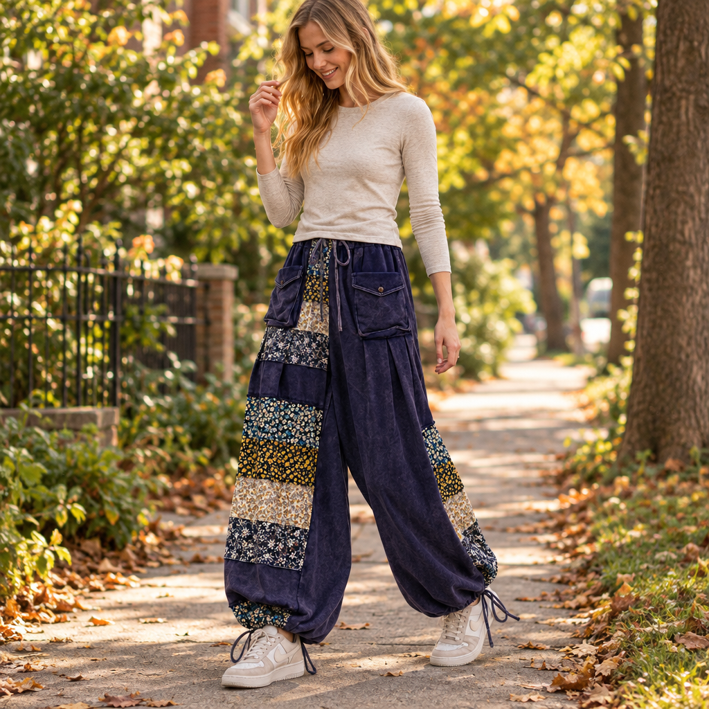 Sage + Fig women's navy patchwork pants with drawstring hems on an autumn sidewalk