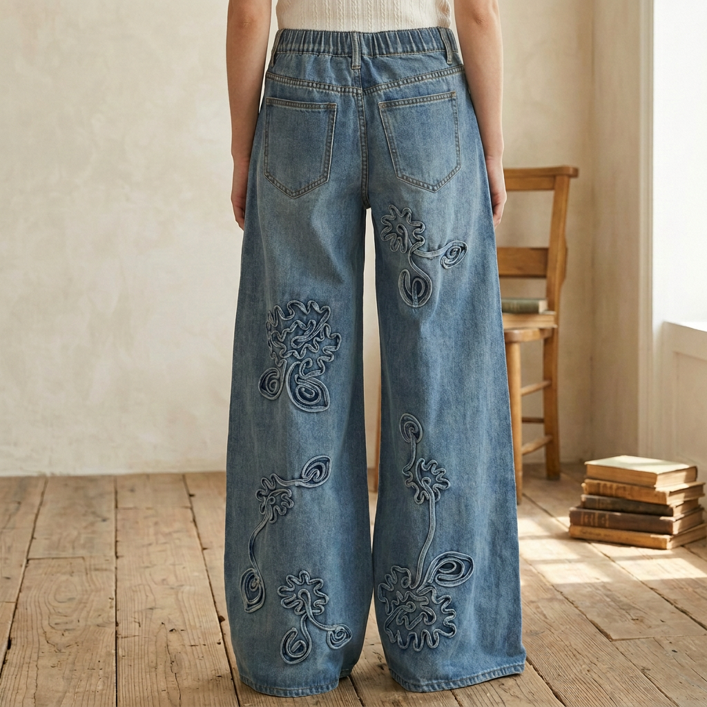 Rear view of blue floral wide-leg jeans showing gathered waistband, patch pockets and trailing stems.
