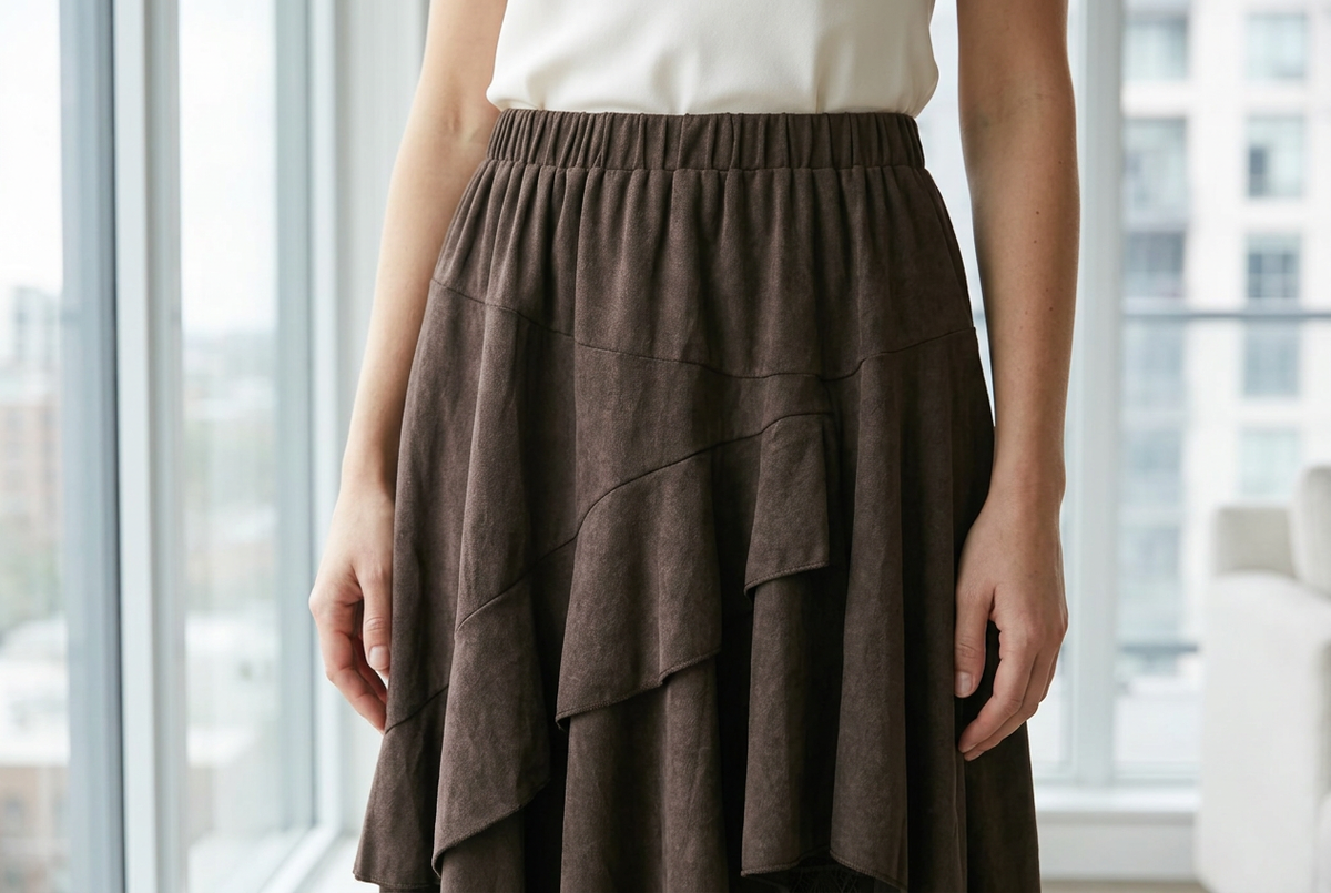 Brown skirt's gathered waistband and overlapping upper panels beside a sunlit apartment window.