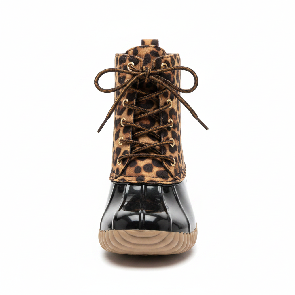 Women's leopard print duck boot front view, black rubber lower shell, gold eyelets, cream lug sole - Yoki
