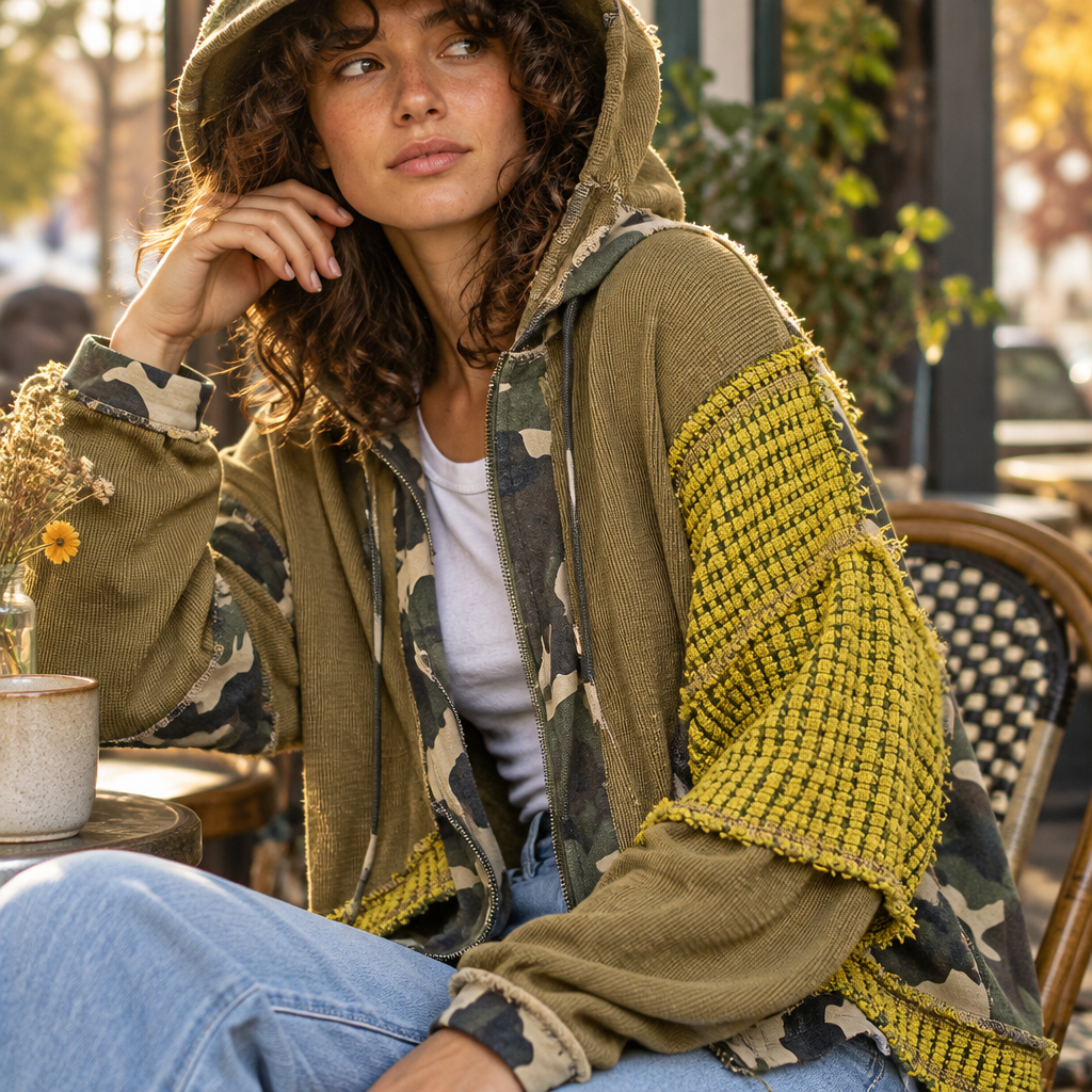 POL Clothing olive hoodie textured yellow-green sleeve and camouflage patchwork at outdoor cafe