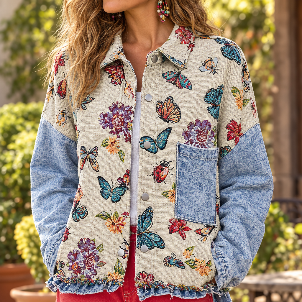 POL Clothing women's Almond Multi butterfly floral jacket pocket detail outdoors