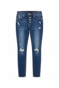 Women's button fly ankle jeans top view showing waistband detail