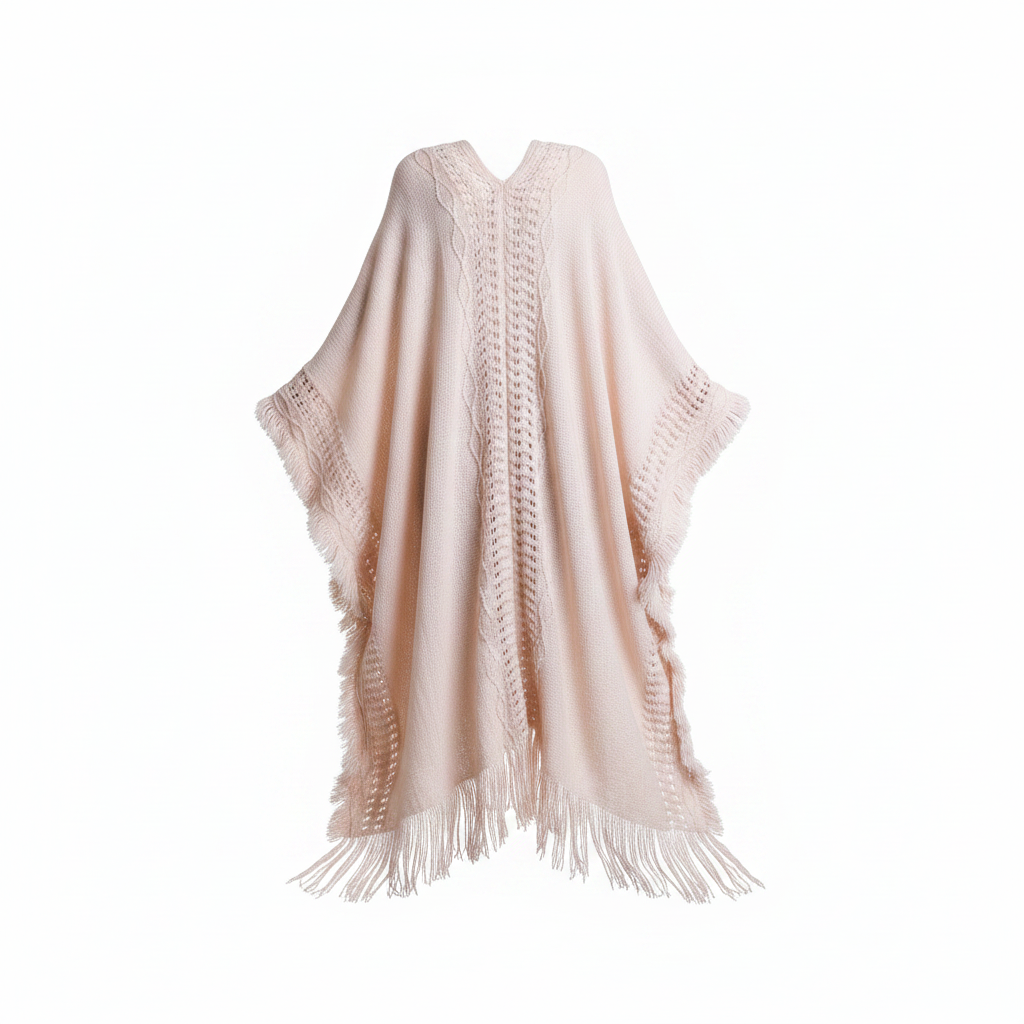 Women's cream beige ruana wrap, back view, full drape and fringe hem detail, open-knit weave
