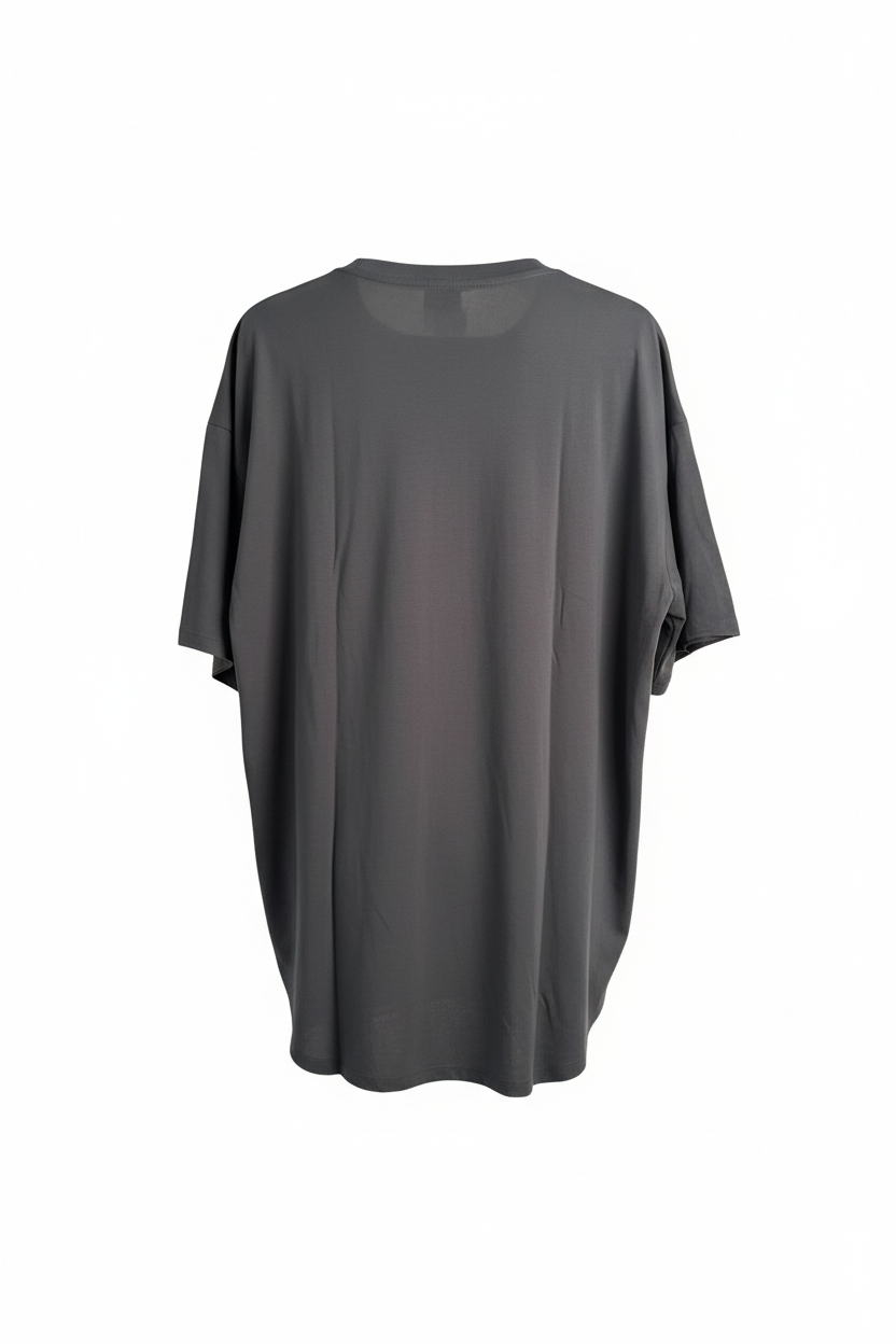 Good Vibes oversized graphic tee in charcoal - back view showing plain charcoal fabric