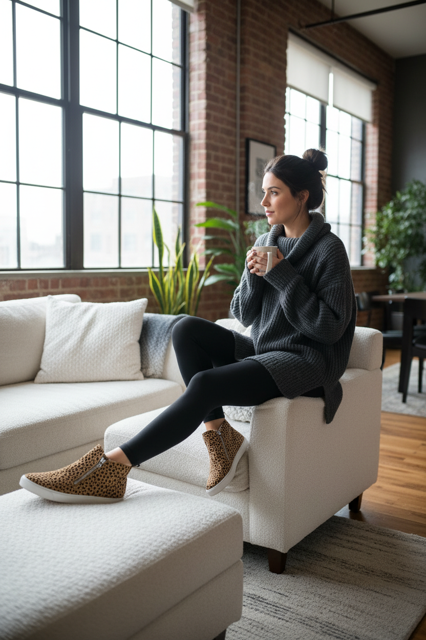 Woman wearing leopard print sneakers with black leggings in modern loft apartment