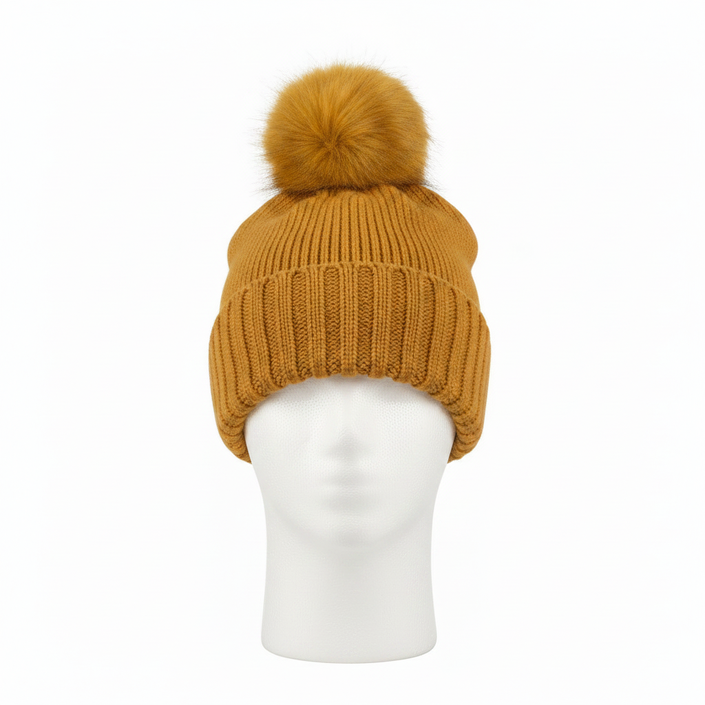 Women's mustard chunky knit pom pom beanie with faux fur pom, ribbed cuff, relaxed fit