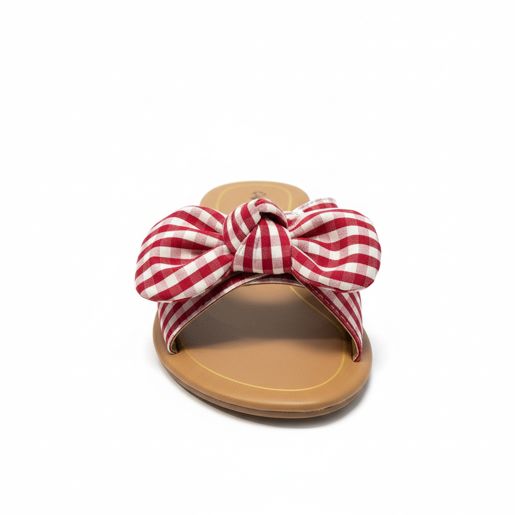 Red gingham bow slide sandals for women - front view showing checkered bow detail and tan footbed