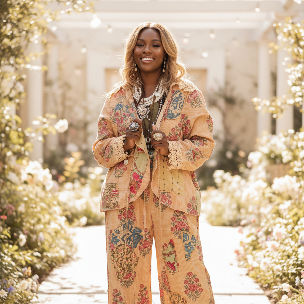 Women's golden peach patchwork floral boho jacket, rose botanical print, lace trim, airy cotton, relaxed oversized style