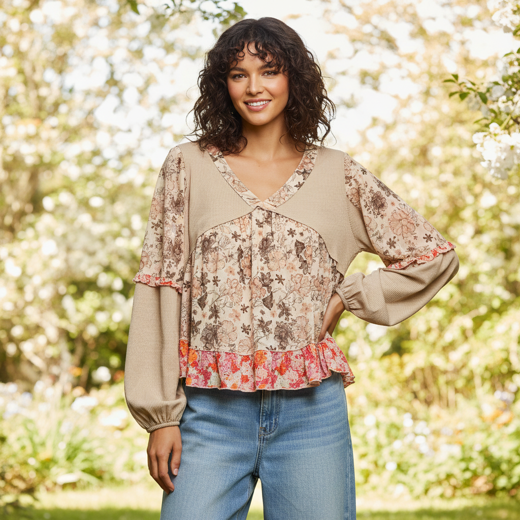 Women's taupe patchwork boho top, floral chiffon body, ribbed knit overlay, ruffle hem, relaxed fit - BellanBlue