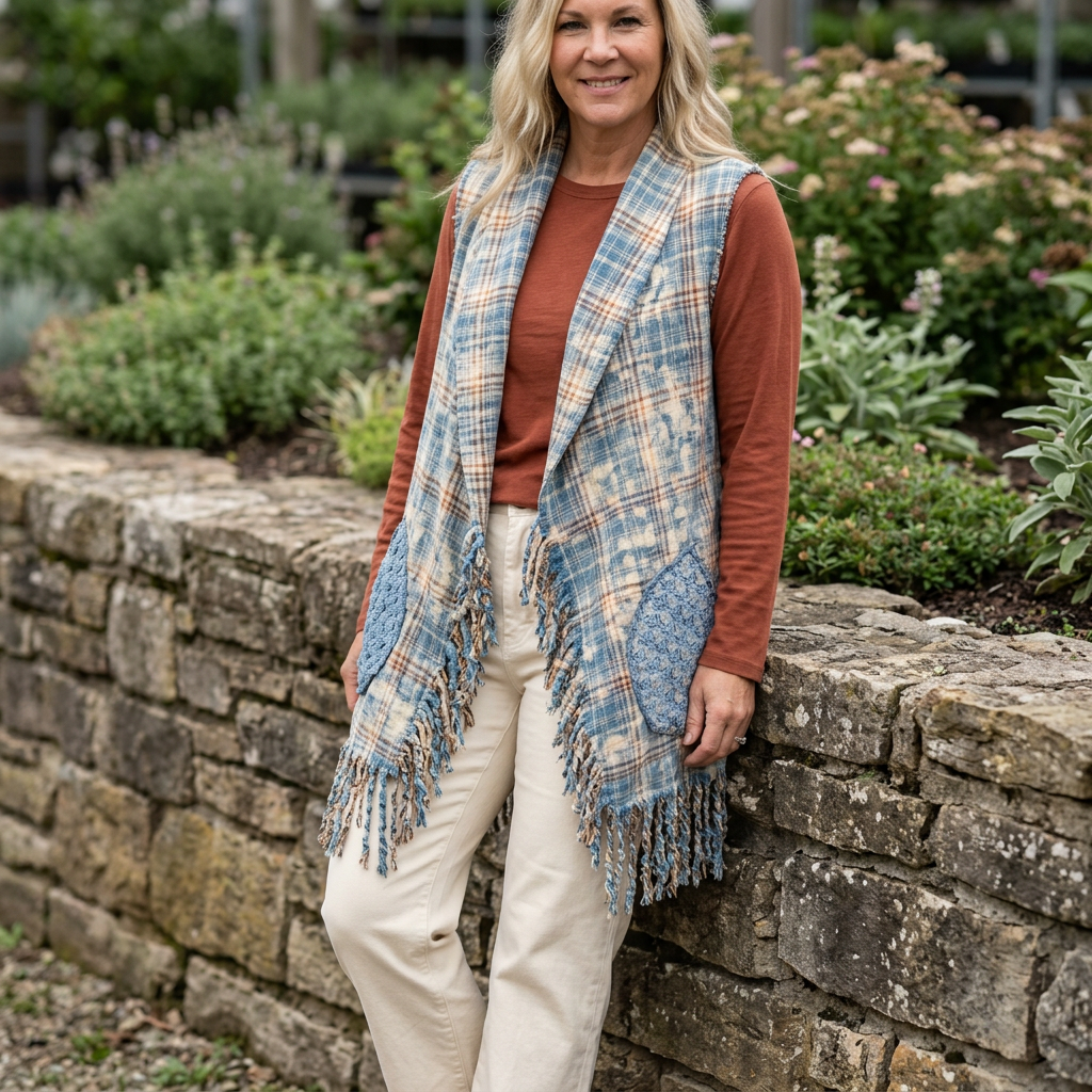 Blue plaid open-front vest layered over a rust top and cream trousers beside a garden stone wall.