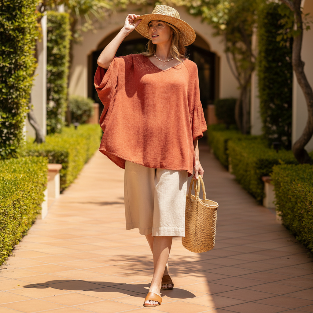 Easel women's brick gauze loose fit top, walking resort courtyard, voluminous flutter sleeves, vacation styling