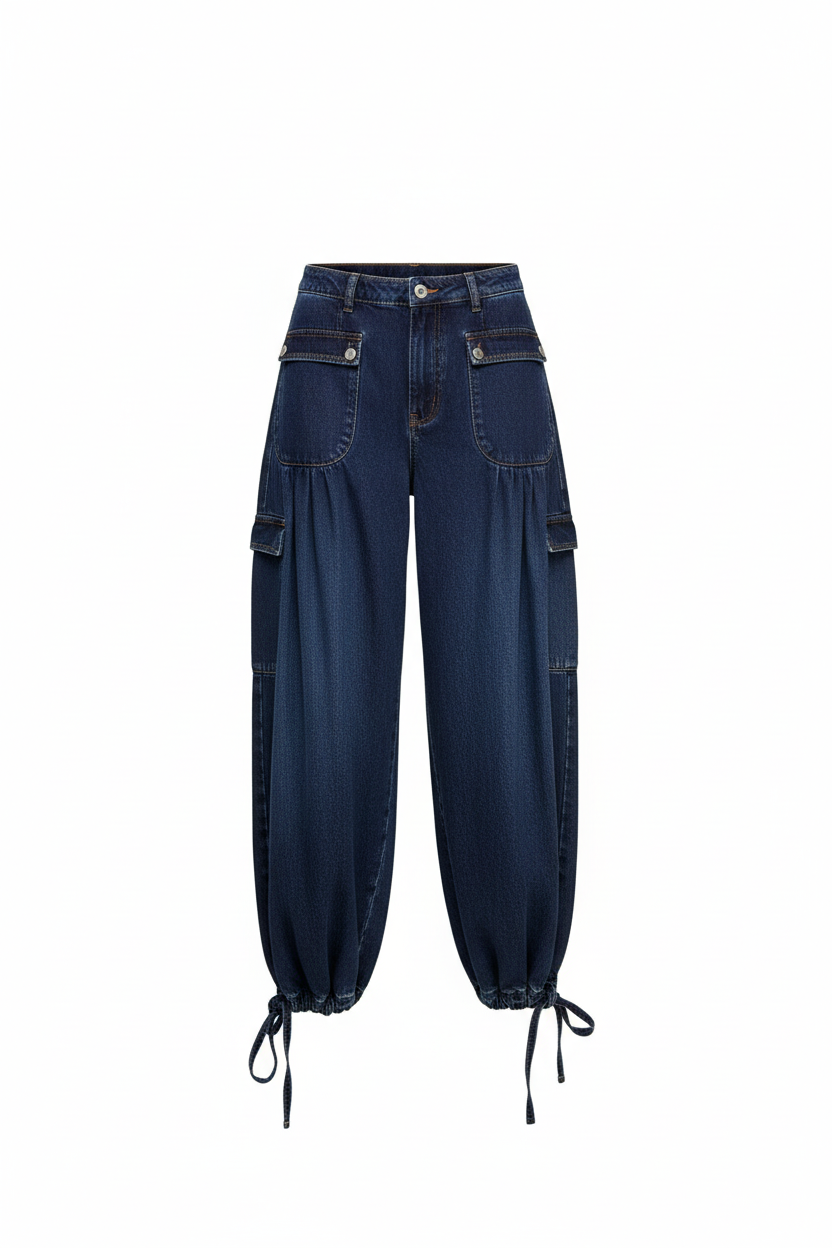 Dark wash wide-leg denim cargo pants with ankle drawstring ties front view