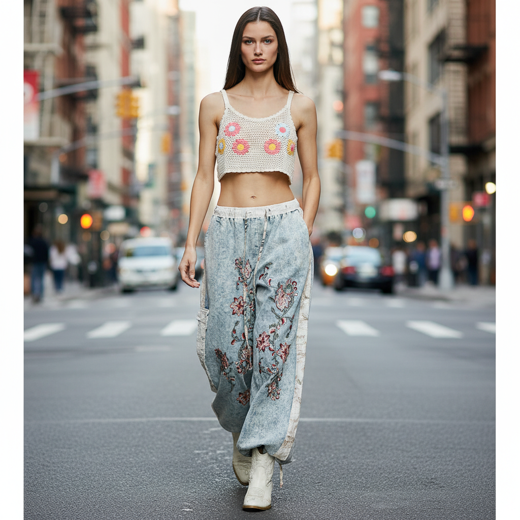 Denim wide leg pants styled with model walking on city street - BellanBlue
