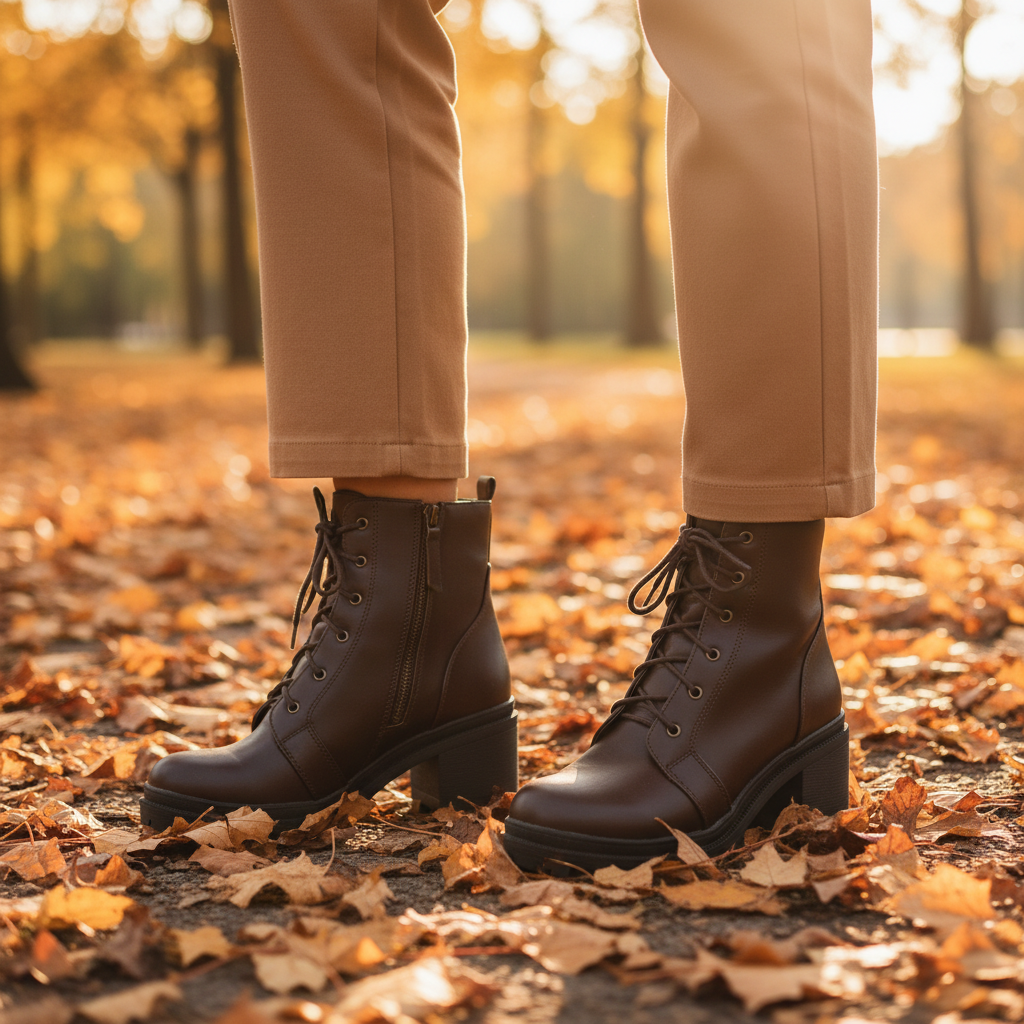 Brown Soda combat ankle boots worn with camel trousers on autumn park path