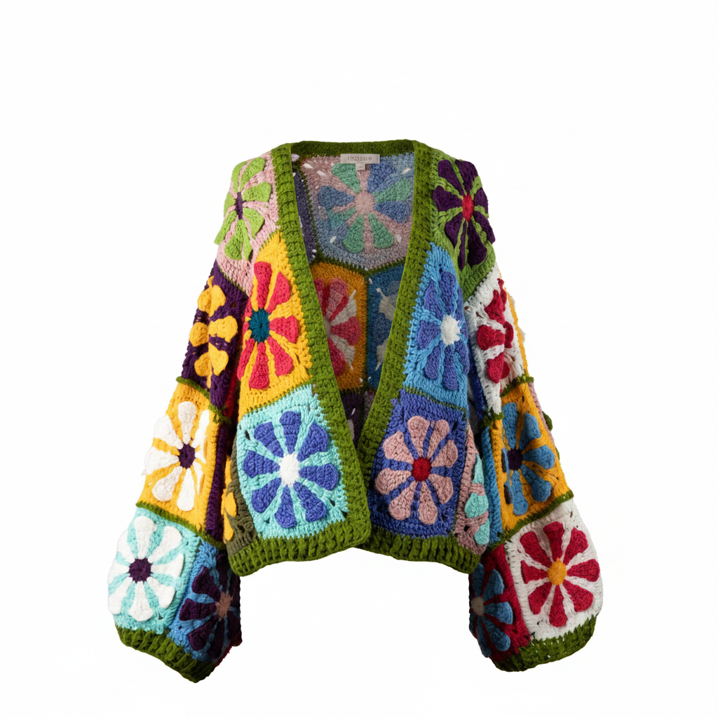 Women's multicolor crochet granny square cardigan patchwork floral balloon sleeves open front - BellanBlue