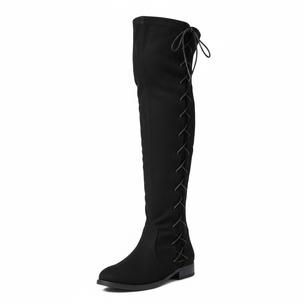 Women's black faux suede over-the-knee boot with side lace-up detail three-quarter angle view
