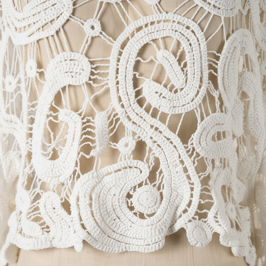 Close-up of white open-weave crochet fabric showing raised paisley swirl motifs and open mesh texture