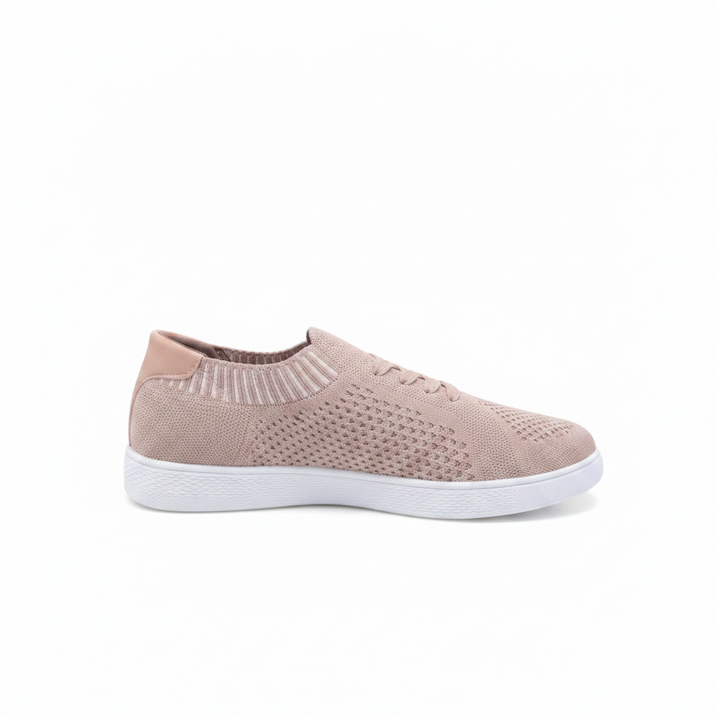 Mauve flyknit lace-up sneaker side profile with toe pointing right showing ribbed sock collar and white rubber sole