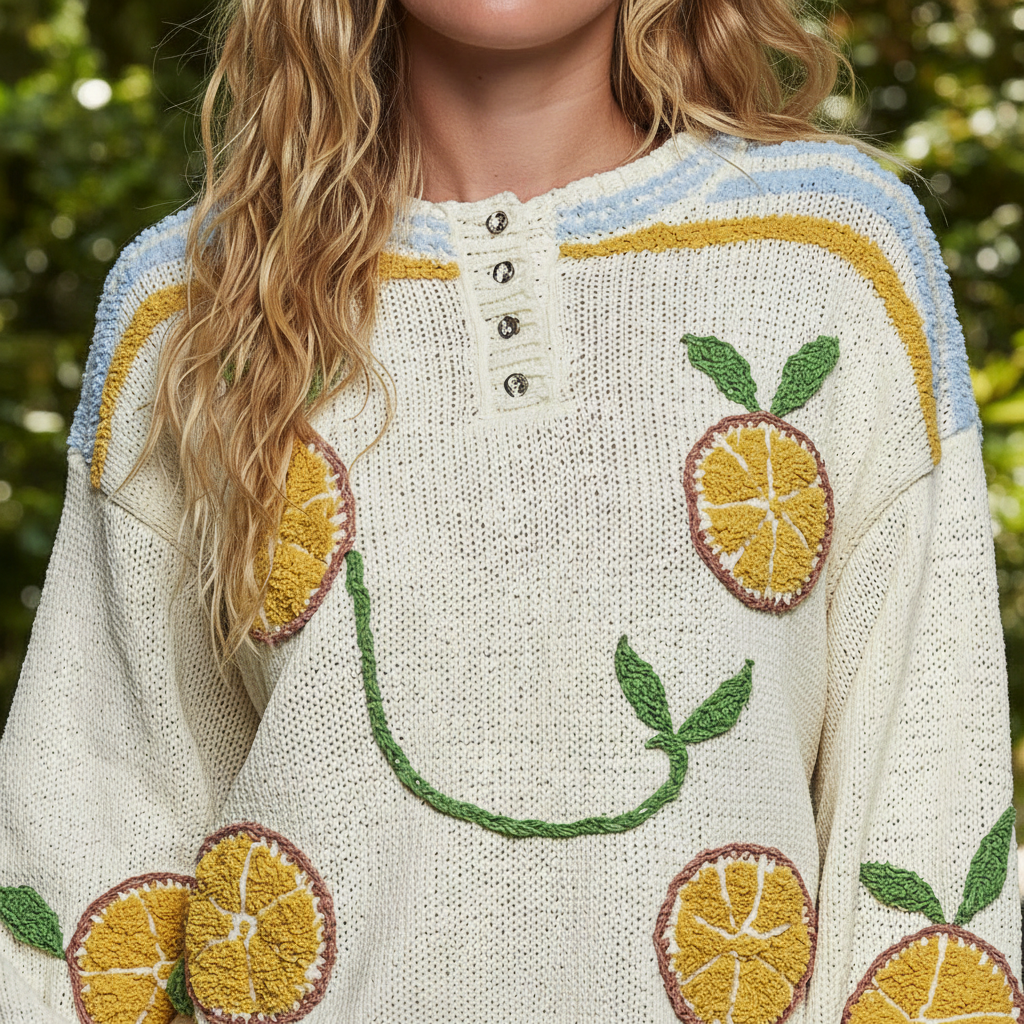 Close-up of 3D tufted citrus embroidery on POL Clothing cream berber knit sweater, orange slice patches and green stems
