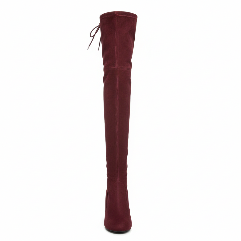 Maroon knee-high boot on a white background
