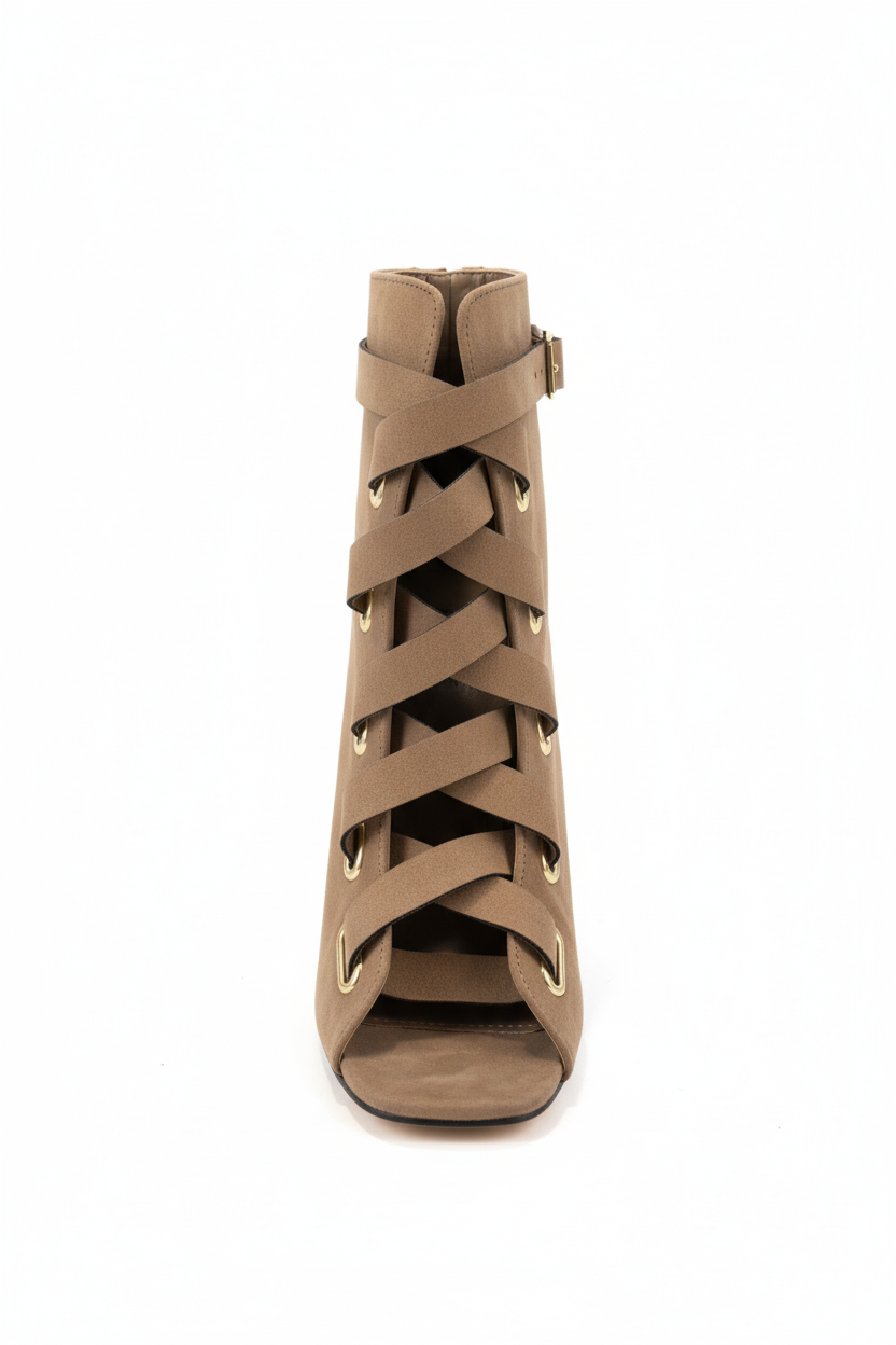 Women's taupe peep-toe lace-up ankle booties with chunky block heel - front view showing decorative lace-up detail and buckle strap