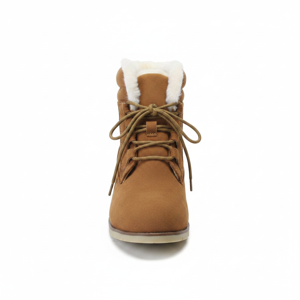 Camel suede lace-up ankle boot straight front view showing toe and lace detail, white sherpa lining on white background