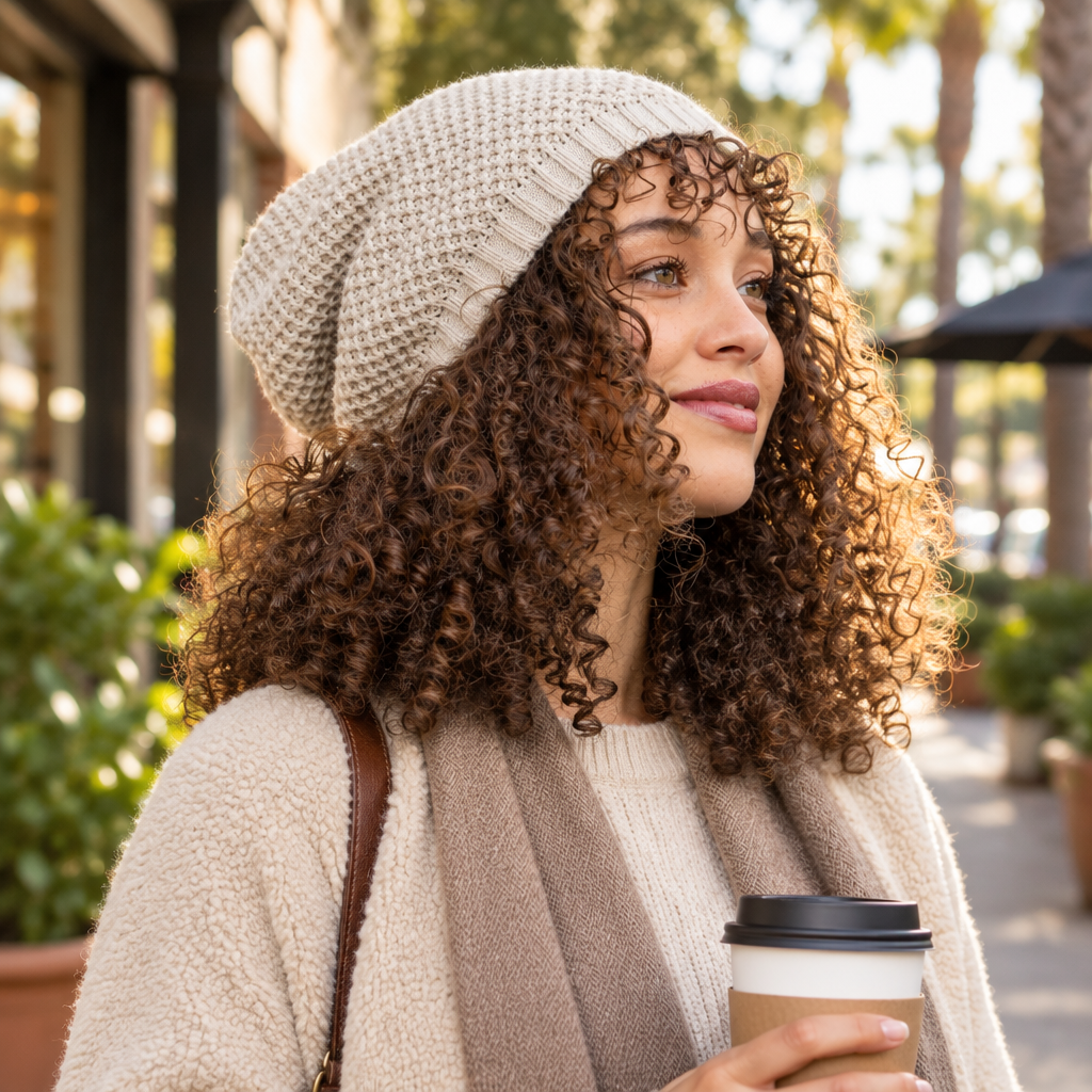 Leto Collection women's oatmeal waffle-knit slouch beanie on a boutique coffee walk - BellanBlue