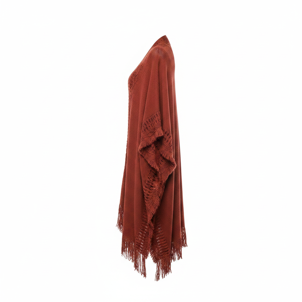 Women's rust open-knit wrap cardigan, side profile, floor-length batwing sleeve, frayed fringe trim