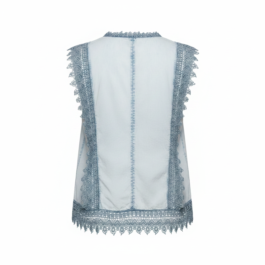 Women's light denim blue crop top back view, vertical seam, crochet lace side trim