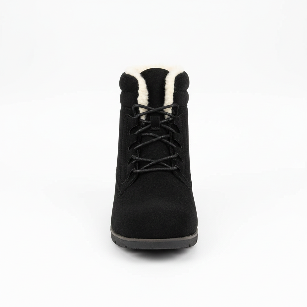 Black suede wedge ankle boot with cream sherpa lining - front view showing lace-up design with black laces and wedge heel