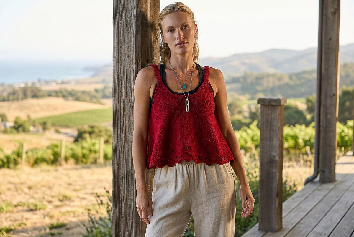 Ruby knit camisole showing its flared scalloped hem with beige trousers on a countryside porch