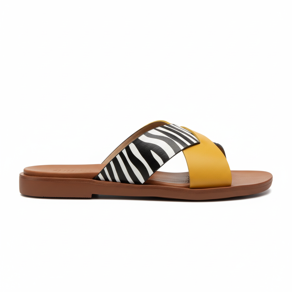 Mustard yellow and zebra print cross-strap flat slide sandal, side profile view, white background