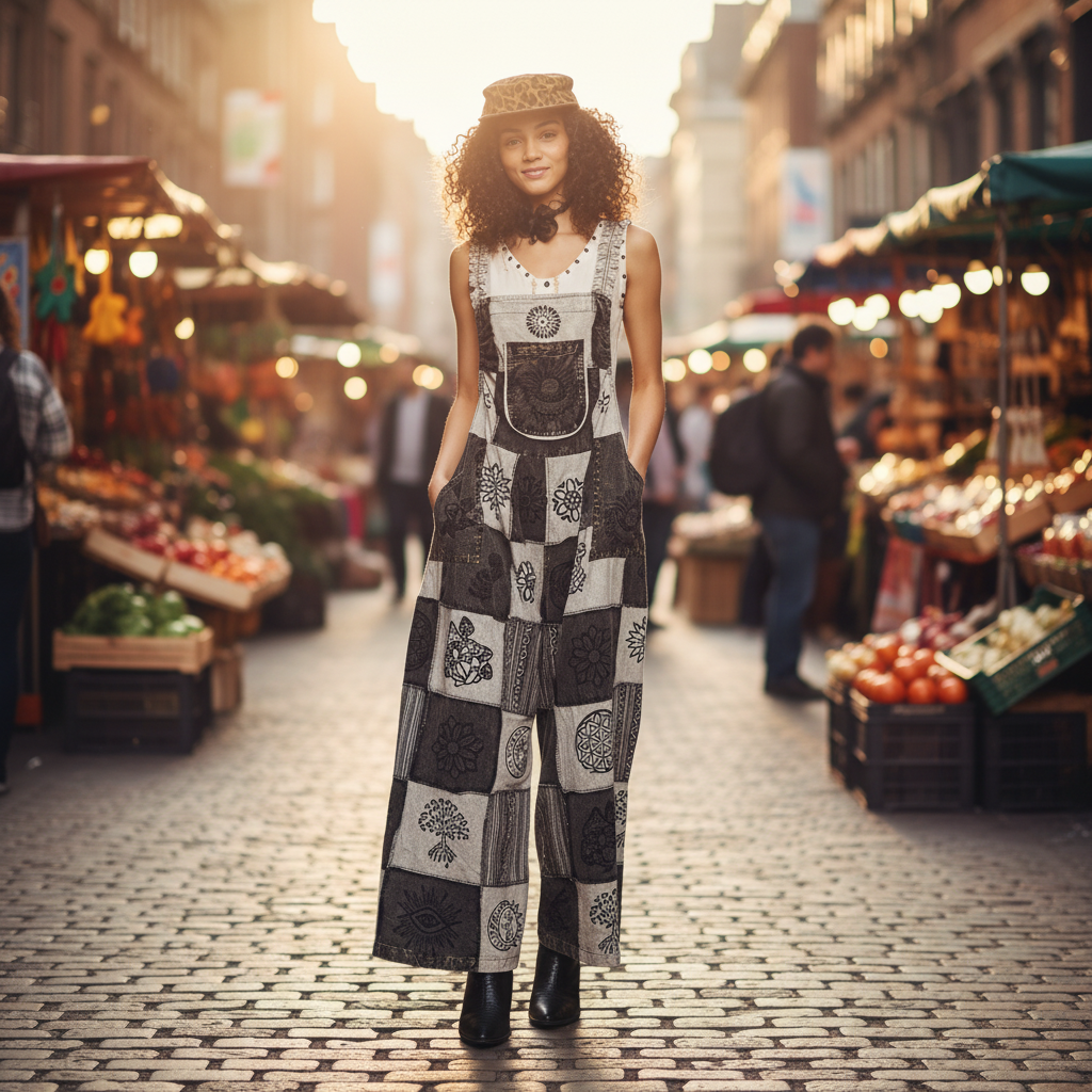 Women's black multi patchwork ruffle strap overalls layered over fitted black top with ankle boots, city market outfit - BellanBlue