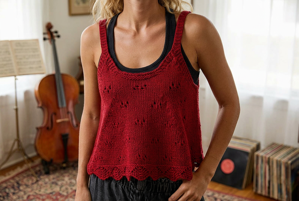 Close view of Ruby camisole rounded neckline, knit straps and eyelets over a separate black tank