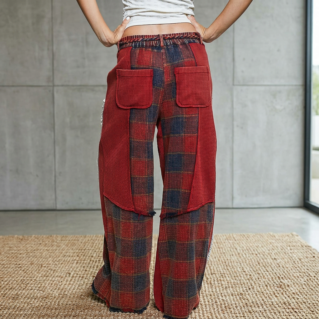 Rear view of wine plaid pants with red check patch pockets, contrasting panels and raw seams