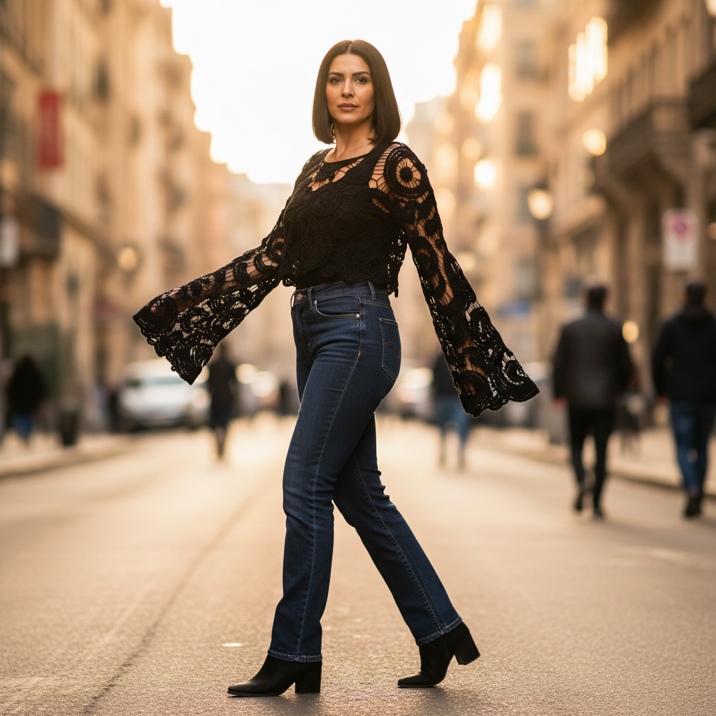 Women's black open-weave crochet crop top flowing bell sleeves urban street walking dark jeans ankle boots