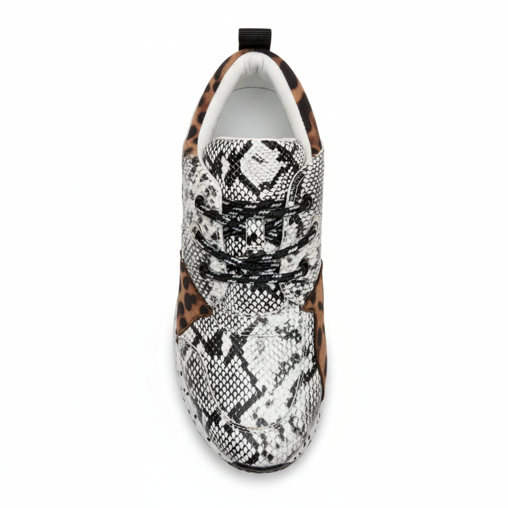 Snakeskin platform sneaker, top-down view showing black laces, silver eyelets, and leopard print collar lining, white background