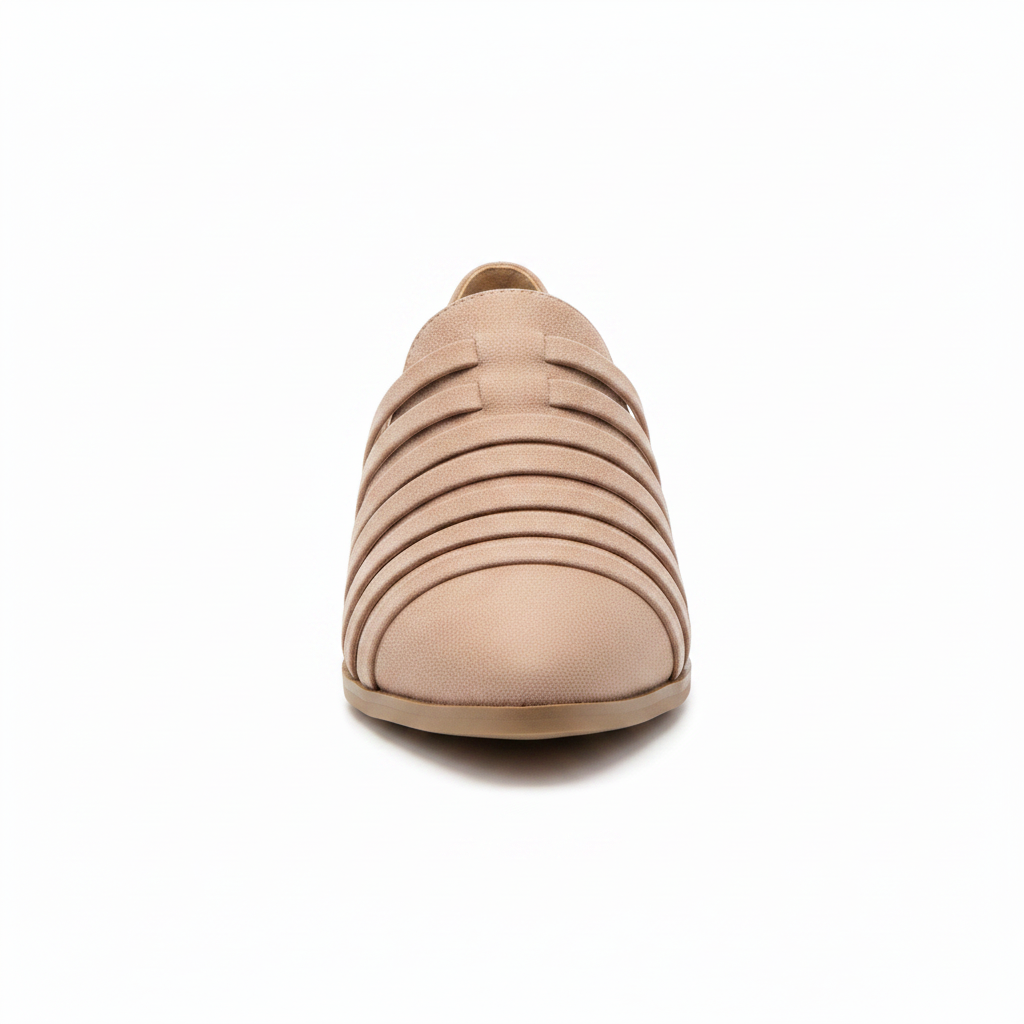 Stone cage strap d'Orsay flat straight front view showing five horizontal cut-out straps and pointed toe