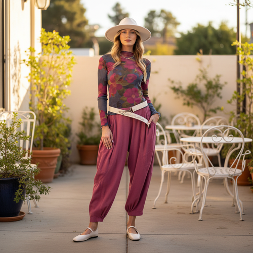 Easel women's rose pink linen blend aladdin harem pants styled at outdoor café patio - BellanBlue