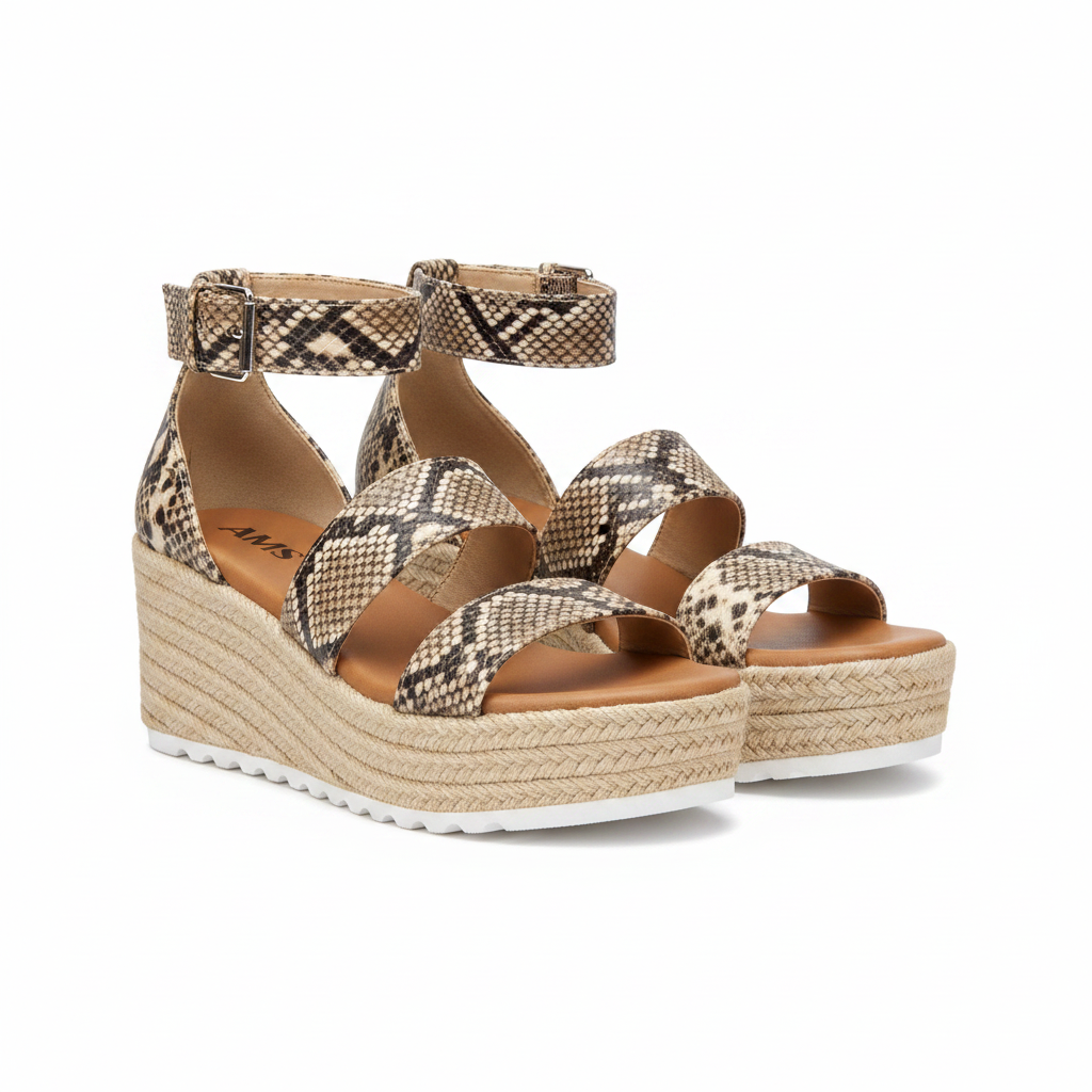 AMS EMMA-25 snake print espadrille platform wedge sandals, both shoes front three-quarter hero view, white background