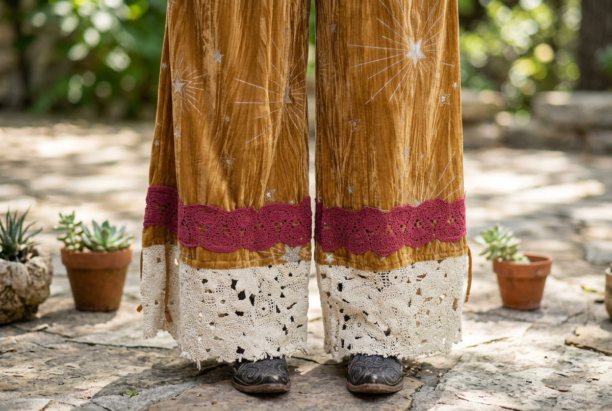 A Rare Bird Shop gold velvet pantaloons, landscape detail of pink trim and cream crochet hems with boots