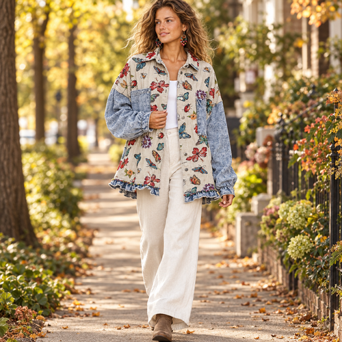 POL Clothing women's Almond Multi butterfly floral jacket walking on fall sidewalk