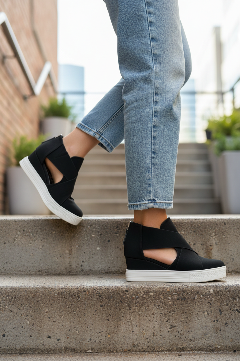 Detail shot of black slip-on sneakers with crisscross straps on stairs - dynamic movement lifestyle photo