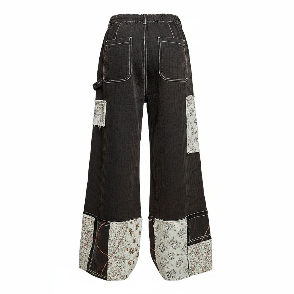 Women's charcoal denim patchwork pants back view, ghost mannequin, tapestry hem panels, contrast topstitching