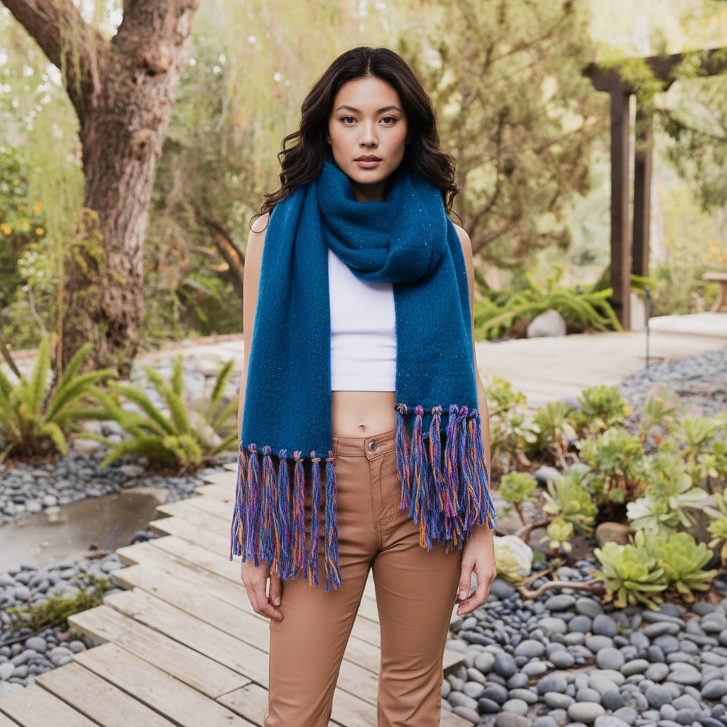 Women's cobalt blue speckled knit scarf wrap with multicolor fringe, looped over crop top and trousers – BellanBlue